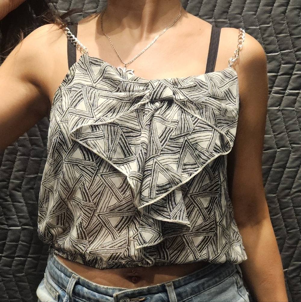Must Have Black & White Ruffle Chain-Strap Cami